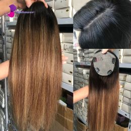 Closure Ombre Highlight Auburn Coloured Hair Topper Wig Human Hair Straight Hair 13x15 cm /12x13 cm Topper for Women With Thinning Hair