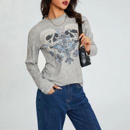 Women's T Shirts Women Trendy T-Shirt Halloween Skulls Cross Print Round Neck Long Sleeve Relax Fit Casual Tops For Females Gray