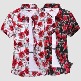 Summer White Printed Short Sleeved Shirt for Men Hawaii Rose Flower Shirts Hawaiian Vacation Camisa Chemise 240419