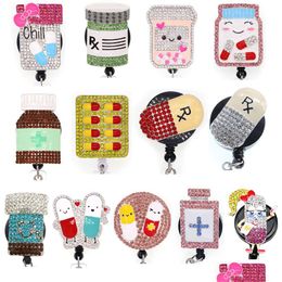 Key Rings Fashion Crystal Rhinestone Medical Rx Phary Pill Medicine Bottle Badge Id Holder Retractable Reel For Decoration Drop Deli Dhxaf