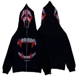 Polos Men Y2K Fashion Hoodie Skull Rhinestone Zip Up Hoodie Grunge Women Oversized Sweatshirt Coat Punk Harajuku Long Sleeve Outerwear