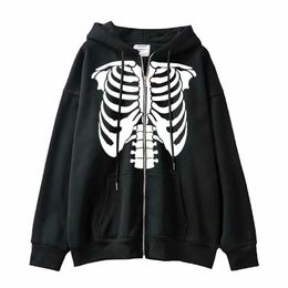 Men's Hoodies Sweatshirts Women Y2K Hip Hop Streetwear Vintage Zip Up Clothes Gothic Oversized Hoodie Long Sleeves Harajuku Skeleton Sweatshirt 240424