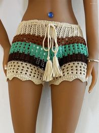 Women Hollow Out Crochet Knit Shorts Ruffled Layered Pleated Tiered Summer Fall Beach Music Festival