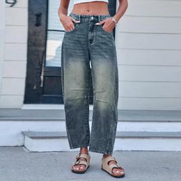 Women's Jeans Mid Rise Barrel For Women Street Vintage Wide Leg Cropped Denim Pants Wash Blue Baggy Boyfriend With Pockets
