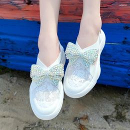 Casual Shoes Luxury Bow Rhinestones Women White Sneakers Platform Breathable Lace Chunky Sandals Ladies Comfort Sport Summer