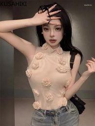 Women's Tanks KUSAHIKI Sweet Spicy Girl Flower Sleeveless Tank Top For Summer Slim Fit Y2k Tops Korean Short Style Female Vests