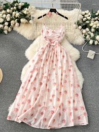 Casual Dresses Women Beach Floral Dress Summer Sexy V-neck Sleeveless Printed Spaghetti Strap Ladies Elegant Party Long Robe Vestidos