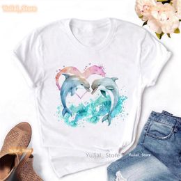 Women's T Shirts Watercolour Love Dolphin Print Tshirt Clothing Harajuku Kawaii Clothes Whale Flowers Summer Tops Fashion Shirt Femme
