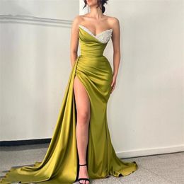 Party Dresses 2024 Sweetheart Neck Olive Green Sequin Prom Side Split Train Pleated Evening Gowns For Women Waist Corset Formal