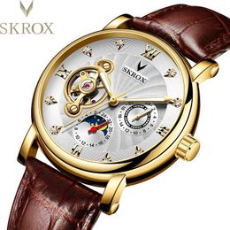 Wristwatches SKROX High Quality Moon Phase tourbillon luminous automatic mechanical watch Butterfly Buckle Leather strap Mens Watch 240423