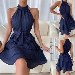 Casual Dresses Women Party Dress Off Shoulder Sleeveless Halter Neck Ruffle A-line Loose Hem Solid Colour Belted Tight Waist Knee Length Midi