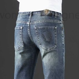 Men's Jeans Designer Luxury Autumn and Winter Jeans for Men Thick Trendy Brand Embossed Blue Slim Fit Korean Small Feet Pants MBWT