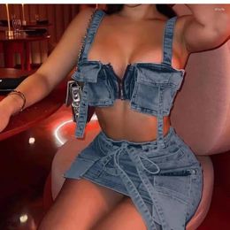 Work Dresses Multi Pockets Jeans Mini Skirt Outfit Sexy Women Elegant Two Pieces Denim Matching Set Top Cargo