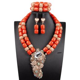 Sets New Artificial Coral African Beads Jewellery Set Big Brooch Double Layers Nigerian Wedding Costume Jewellery Set WE320