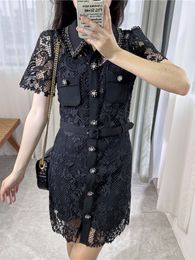 Self Portrait Summer Pure Color Panelled Double Pockets Lace Dress Black Short Sleeve Lapel Neck Single-Breasted Casual Dresses G4A2315