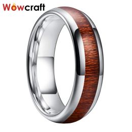 Rings 6mm Wood Inlay Tungsten Carbide Rings for Women Dome Band Polish Shiny Comfort Fit Vintage Wedding Bands