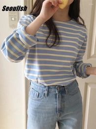 Women's T Shirts Seoulish Autumn Cotton Classic Striped S 2024 Long Sleeve O-Neck Casual Loose Female Knitting Tops