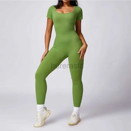 Active Sets Yoga Set Womens Ribbed Jumpsuits One-Piece Suit Short Sleeve Gym Clothes Push Up Workout Tracksuit Fitness Bodysuit Sportswear 240424