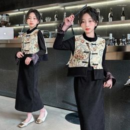 Clothing Sets Designer Chinese Style Teen Girls Clothes Set Retro Frog Vest Top Skirt 3pcs 5 6 7 8 10 12 14 15 Kids Suit Child Outfit
