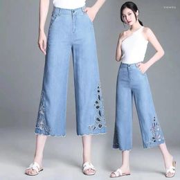 Women's Jeans Summer Elastic Waist Light Thin Slightly Flared Wide Leg Pants Women Denim Cool Ice Silk Embroidery For Female's Pant