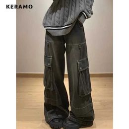 Kvinnors jeans kvinnor retro bred ben baggy casual denim byxor harajuku hög midja lösa jeans 2024 sommarestetiska fasta färgfickor byxor 240423