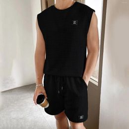 Men's Tracksuits Men Summer Outfit Beach Sleeveless Plaid Shirt Short Suit Pants With Pockets Solid Elastic Waist Drawstring Leisure