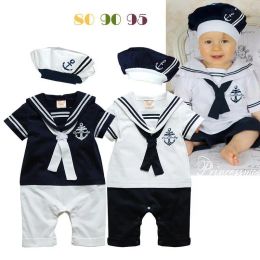One-Pieces New Fashion Summer Newborn Navy Style Baby Romper Kids Boys Girls Sailor Jumpsuit+Hat 2Pcs Body Shortsleeve Anchor Printed Suit