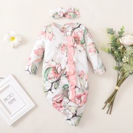 One-Pieces Newborn Baby Girl Romper Floral Ruffle Side Long Sleeve Bodysuit with Bowknot Headband Girls Fashion Jumpsuit for 018 Months