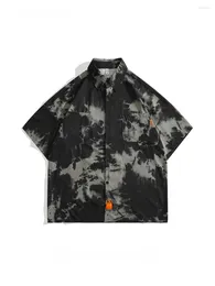 Men's Casual Shirts Tie-dyed Ice Silk Lapel Short-sleeved Trendy Street Dark Style Retro Workwear Personalised Loose Blouse Tops