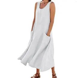 Casual Dresses Fashion Women Dress 2024 Summer Loose Solid Cotton Linen Boho Party Vestido Sleeveless Pocket Vest Maxi Robe