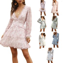 Casual Dresses Women Open Back Printed Pattern Dress Long Sleeve Deep V-neck Multiple Layer Mini Ladies Elegant A-Line Party Club