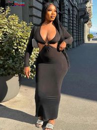 Casual Dresses Weird Puss Waistless Skinny Women Maxi Dress Round Buckle Deep V Neck Full Sleeve Solid Bodycon High Street Party Y2K Long