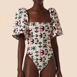 Women's Swimwear 2024 Woman Fashion One Piece Swimsuit Floral-print Puff Sleeve Square Neck Biquini High Waist Summer Beach Wear