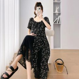 Supplies 2023 Summer Vintage Pregnancy Floral Dress Black Lace Patchwork Maternity Chiffon Dress Long Loose Pregnant Woman Elegant Dress