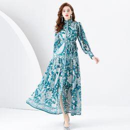 Chiffon Vintage Floral Print High Neck Bow Long Sleeve Women Loose Oversized Maxi Shirt Dresses Casual Party Holiday Spring Summer Fall Wholesale Dropshipping