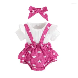 Clothing Sets Baby Girls 3 Piece Outfits Short Sleeve T-Shirt And Heart Print Overalls Shorts Headband Set Summer Clothes