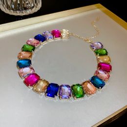 Necklaces Exaggerated Square Rhinestone Choker Necklace Women Fashion Luxury Colourful Crystal Chunky Chain Necklaces Wedding Party Jewellery