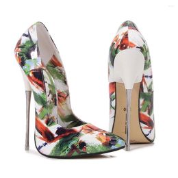 Dress Shoes Crossdresser Floral Printed 16cm Ultra High Metal Thin Heels Women Dance Pumps Bridal Patent Leather Pointed Toe Stilettos