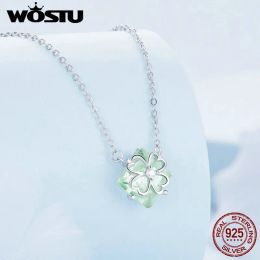 Necklaces WOSTU 925 Sterling Silver Fourleaf Clover Pendant Adjustable Neck Chain with Green Glass For Women Original Fine Jewellery Gift