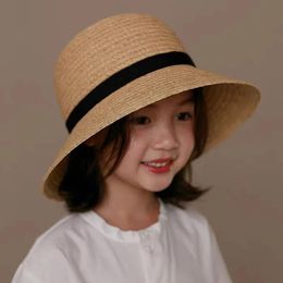 Japanese Childrens Baby Simple and Generous Travel Sunshade Sunscreen Raffi Straw Hat Hand Knitted Sun 240415