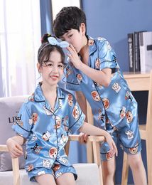 2020 New children222s pajamas Satin Silk Pajamas Set Kids Baby Boy Girl Clothes Summer Short Sleeve Tops Shorts cartoon Sleepw1460057