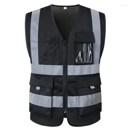 Men's Vests Mesh Safety Reflective Vest Construction Building Clothing Work Multi Pocket Black