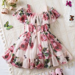 2024 Suspend Dress for Girls Print Elegant Children Summer Casual Clothes Chiffon Kids Flower Tutu Princess Dresses 240420