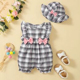 One-Pieces 018Months Newborn Baby Girl Clothes Cute Plaid Design Summer Romper +Hat 2Pcs Suit Fashion Holiday Clothing For Toddler Girl