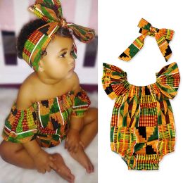 One-Pieces Toddler African Print Off Shoulder Romper+Headband Set Baby Girls Infant Outfits Cute Jumpsuit Hair Band Bodysuits Clothes