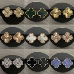 Designer four leaf Studs vanclef Earring Vintage Four Leaf Clover Charm Stud Earrings Back Stainless Steel Gold Studs Agate for Women Wedding Jewelry Gift 8135