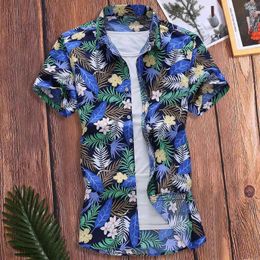 Men's Casual Shirts T-shirt Short Hawaii Tops Men Loose Slim Sleeve Turn-down Fashion Printed Ethnic Streetwear Flower