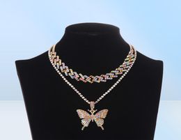 Icened Cuban Link Butterfly Conjunto de gelo Colar Colar Women Women Blinged Chain Kocker Hip Hop Pingente Jóias 5134820