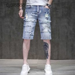 Summer New Distressed Denim Shorts Mens High Street Trendy Beggar Thin and Handsome Elastic Capris