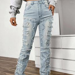 Women's Jeans Embroidered Straight Leg Pants Fashion Elastic Patch Denim Layered Pant For Women